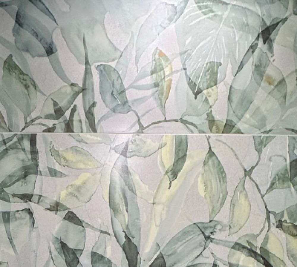 Dekorfliesen mit Aquarell-Blättermotiv in Grün- und Grautönen